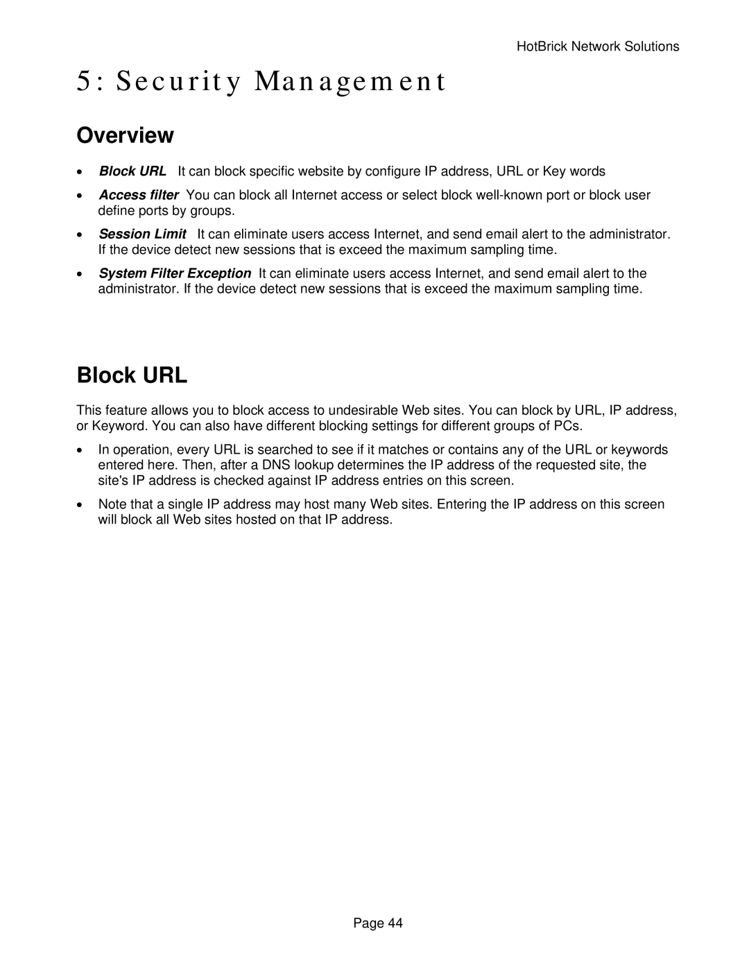 HotBrick VPN 800/2 manual Security Management, Block URL 