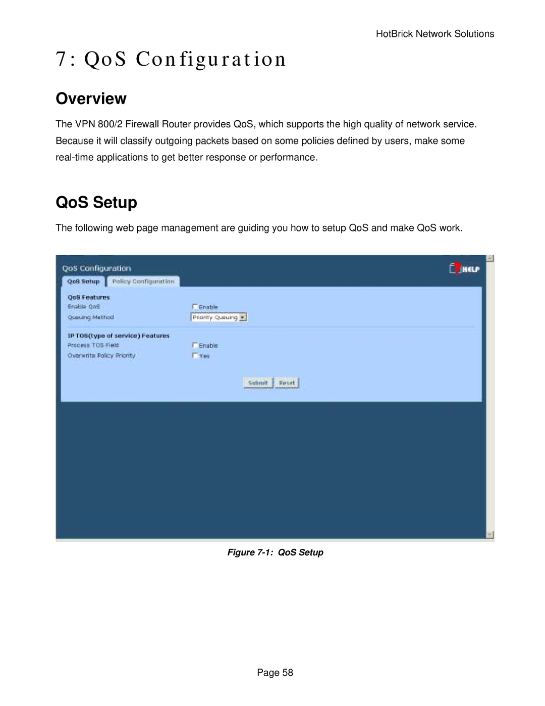 HotBrick VPN 800/2 manual QoS Configuration, QoS Setup 