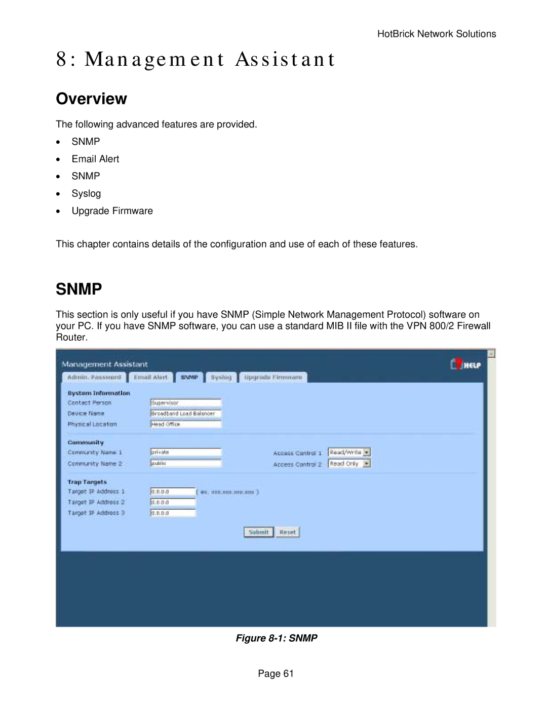 HotBrick VPN 800/2 manual Management Assistant, Snmp 