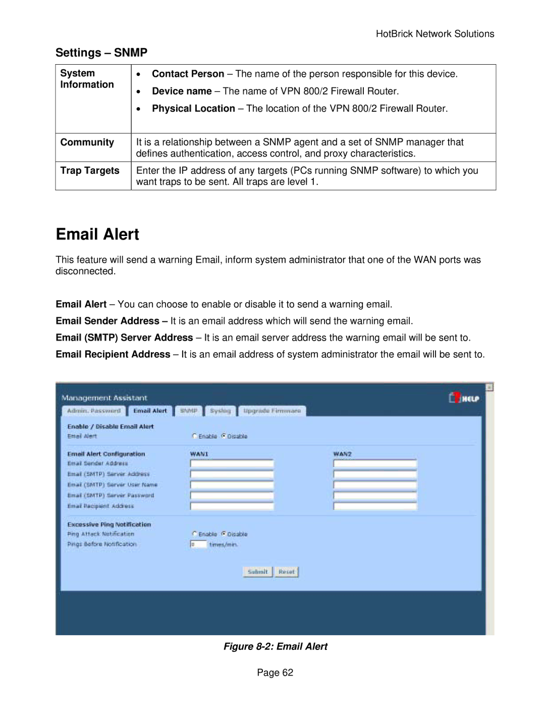 HotBrick VPN 800/2 manual Email Alert, Settings Snmp 