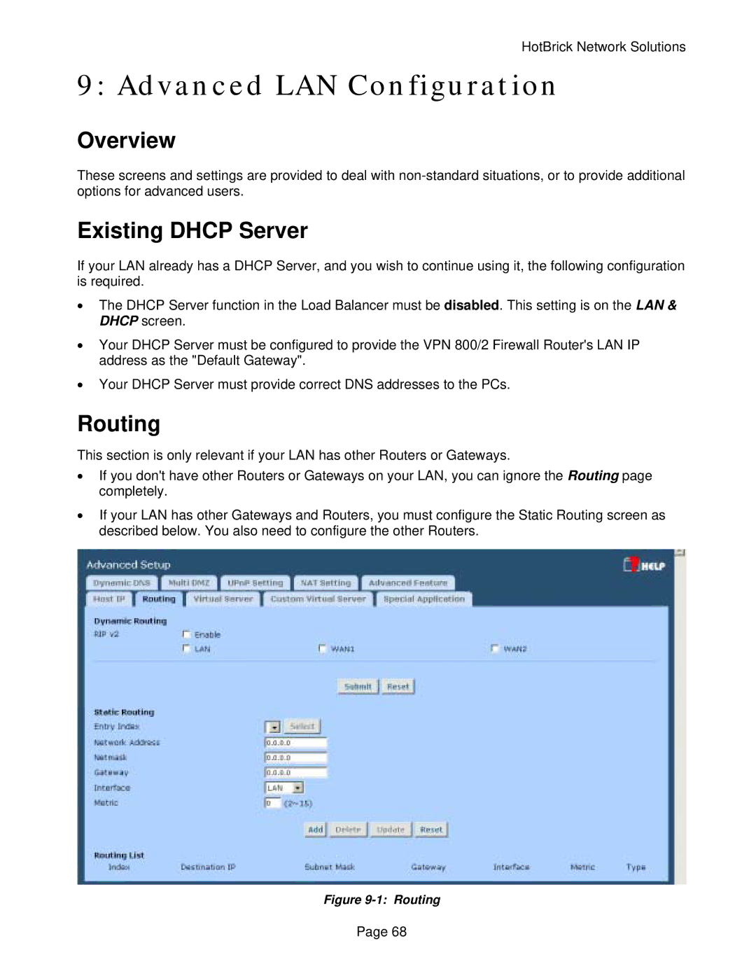 HotBrick VPN 800/2 manual Advanced LAN Configuration, Existing Dhcp Server, Routing 