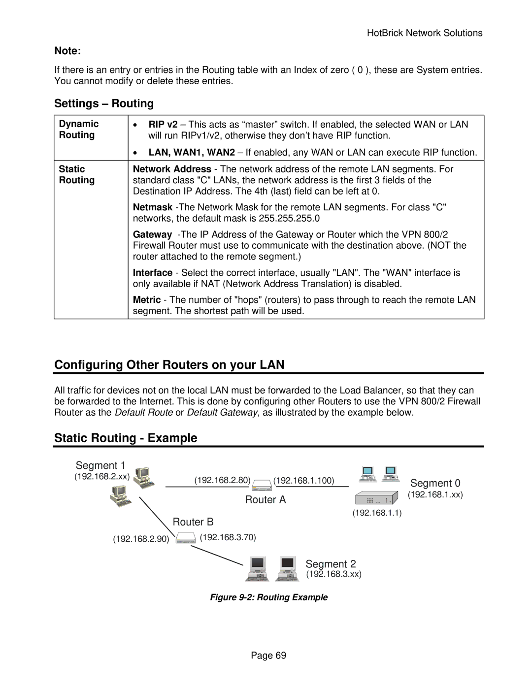 HotBrick VPN 800/2 manual Configuring Other Routers on your LAN, Static Routing Example, Settings Routing 