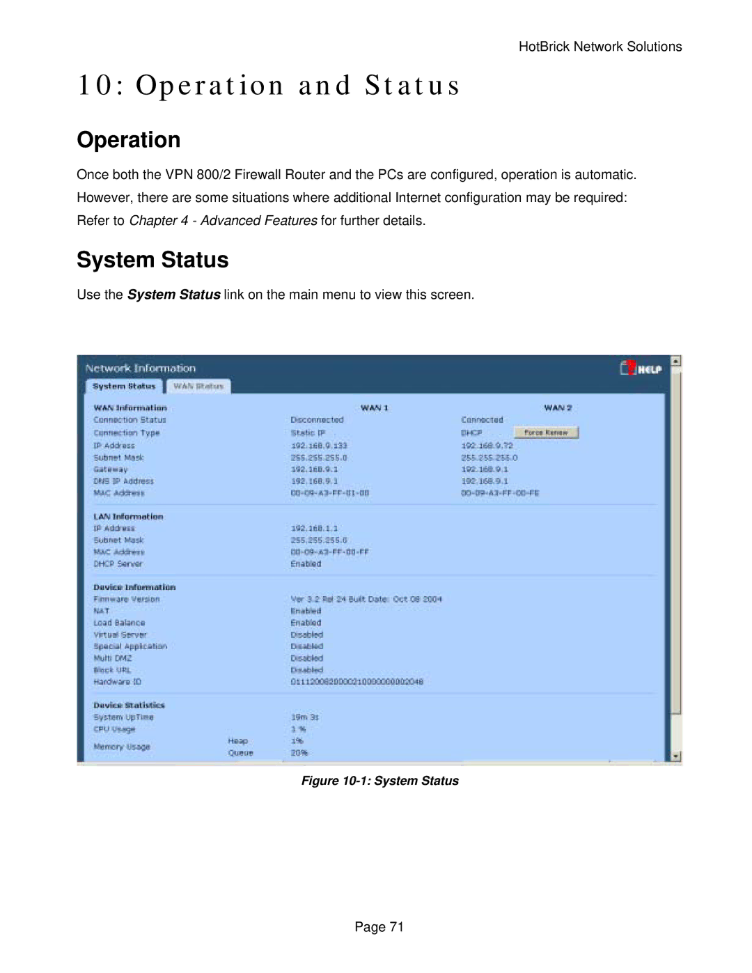 HotBrick VPN 800/2 manual Operation and Status, System Status 