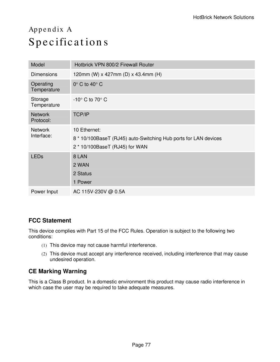 HotBrick VPN 800/2 manual Specifications, FCC Statement, CE Marking Warning 