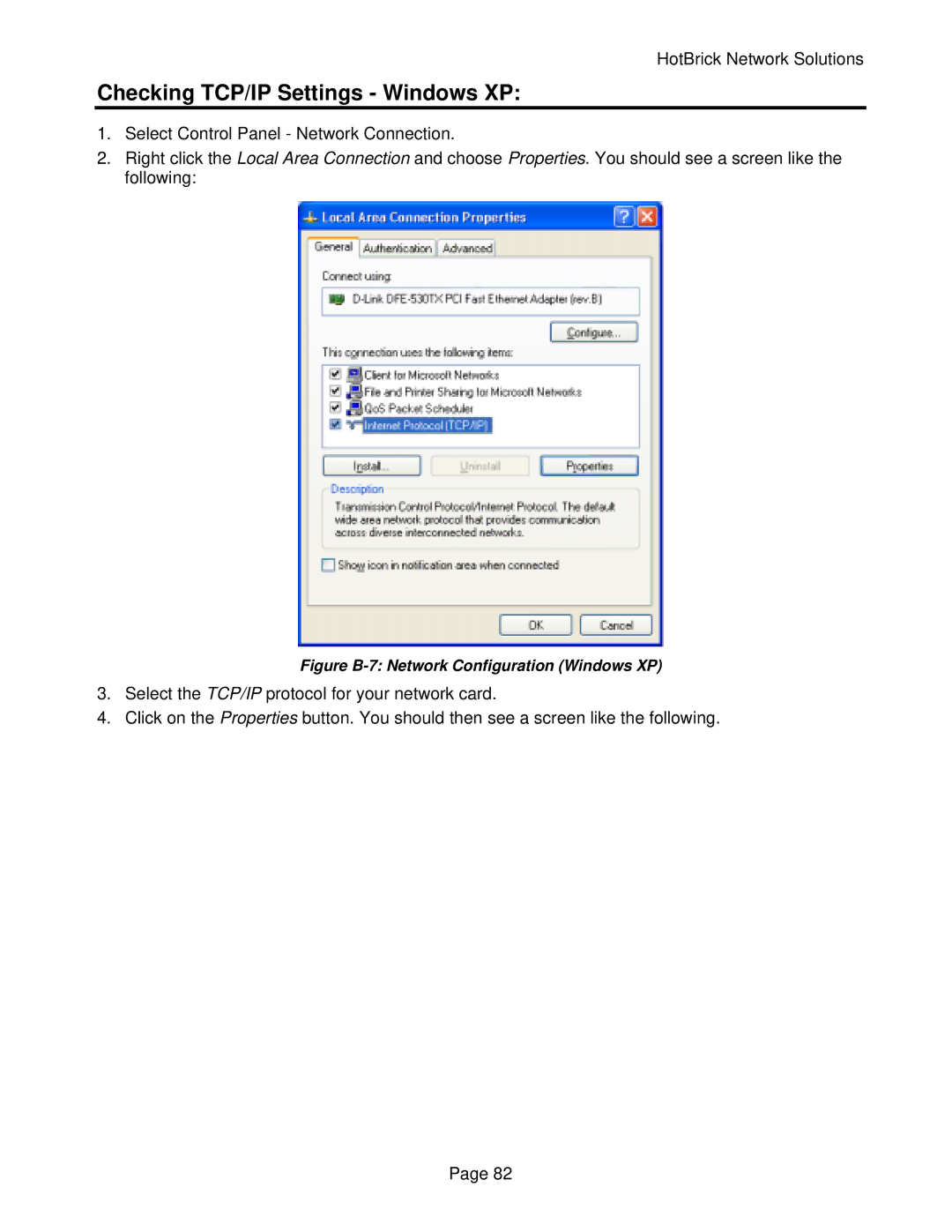 HotBrick VPN 800/2 manual Checking TCP/IP Settings Windows XP, Figure B-7 Network Configuration Windows XP 