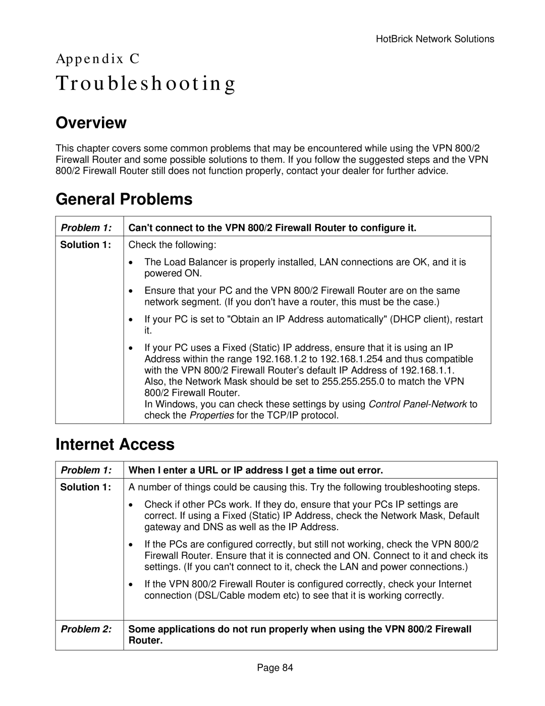 HotBrick VPN 800/2 manual Troubleshooting, General Problems, Internet Access, Solution 