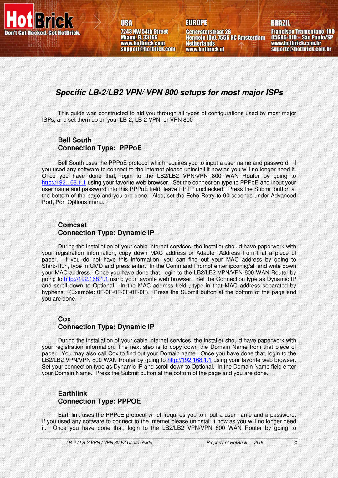 HotBrick VPN 800/2 manual Specific LB-2/LB2 VPN/ VPN 800 setups for most major ISPs, Bell South Connection Type PPPoE 