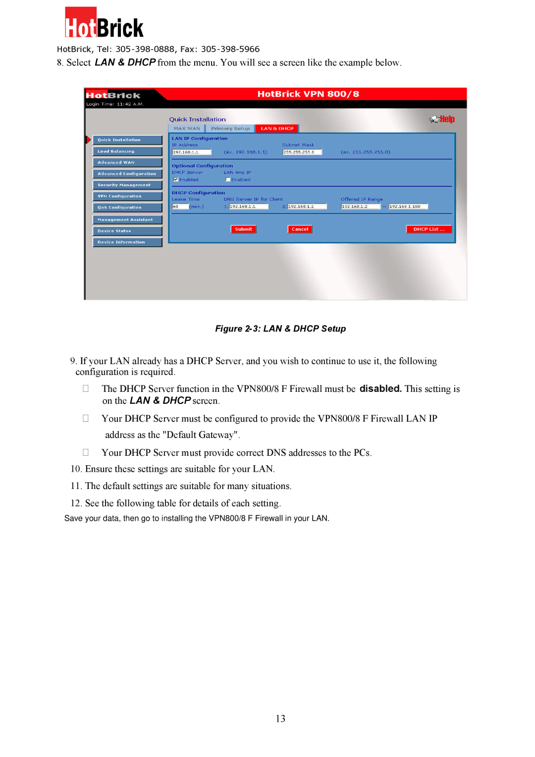 HotBrick VPN 800/8 F manual LAN & Dhcp Setup 