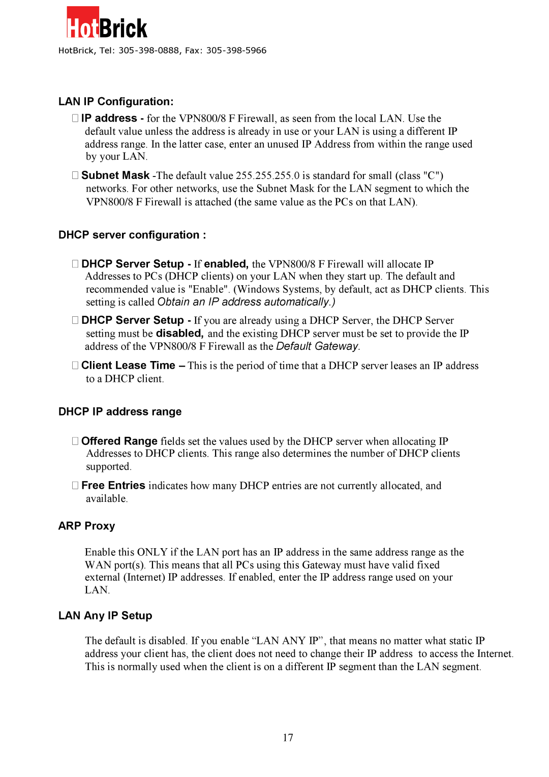 HotBrick VPN 800/8 F LAN IP Configuration, Dhcp server configuration, Dhcp IP address range, ARP Proxy, LAN Any IP Setup 