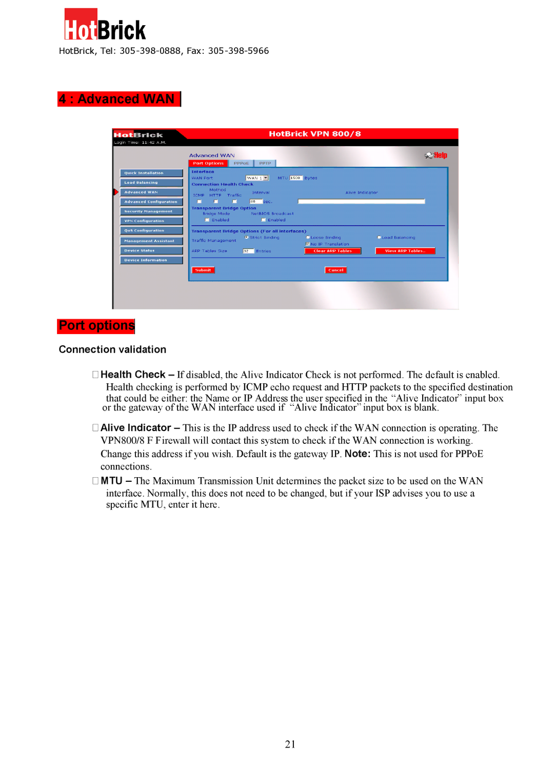 HotBrick VPN 800/8 F manual Advanced WAN Port options, Connection validation 