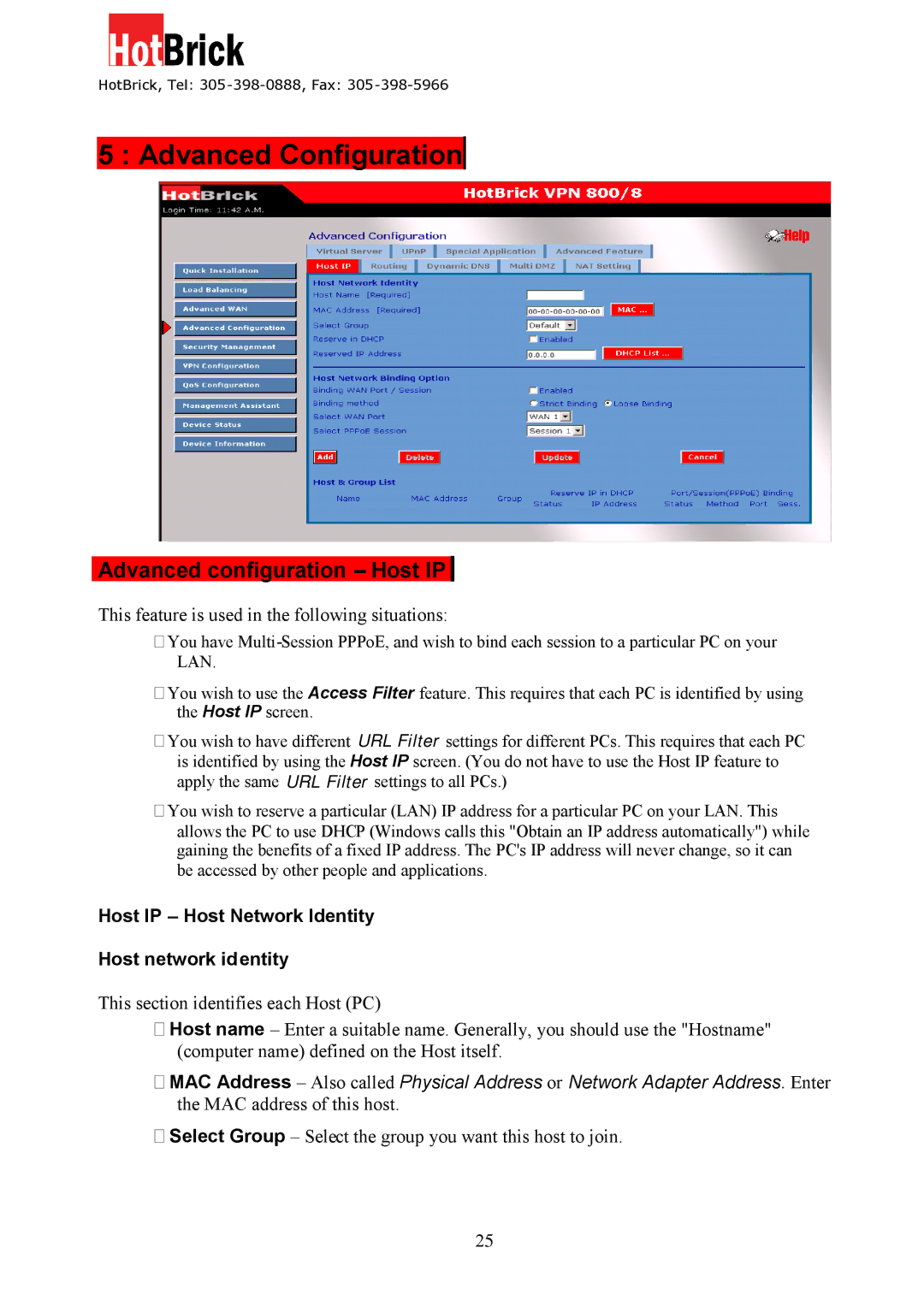 HotBrick VPN 800/8 F manual Advanced Configuration, Advanced configuration Host IP 