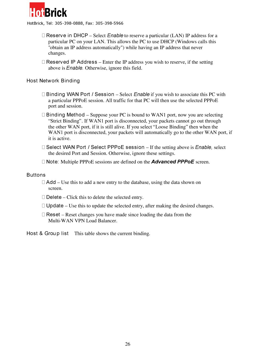 HotBrick VPN 800/8 F manual Host Network Binding 