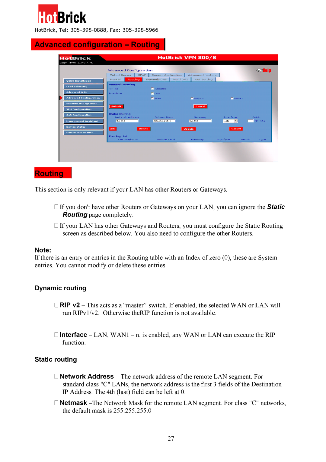 HotBrick VPN 800/8 F manual Advanced configuration Routing, Dynamic routing, Static routing 