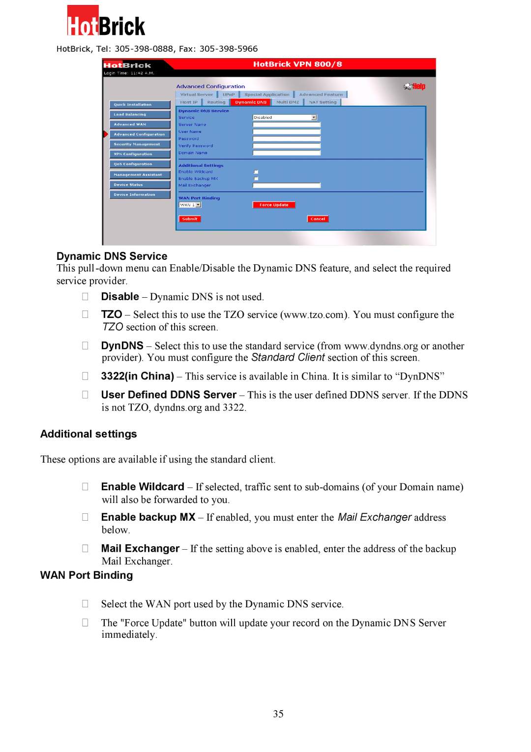 HotBrick VPN 800/8 F manual Dynamic DNS Service, Additional settings, WAN Port Binding 