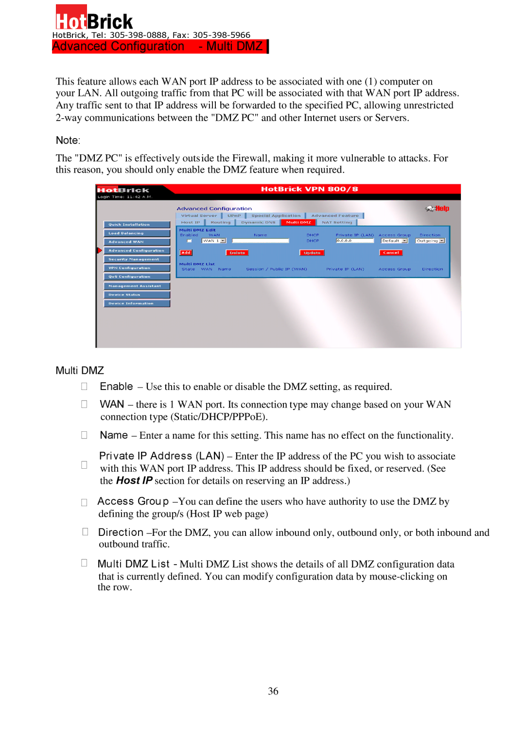 HotBrick VPN 800/8 F manual Advanced Configuration Multi DMZ 