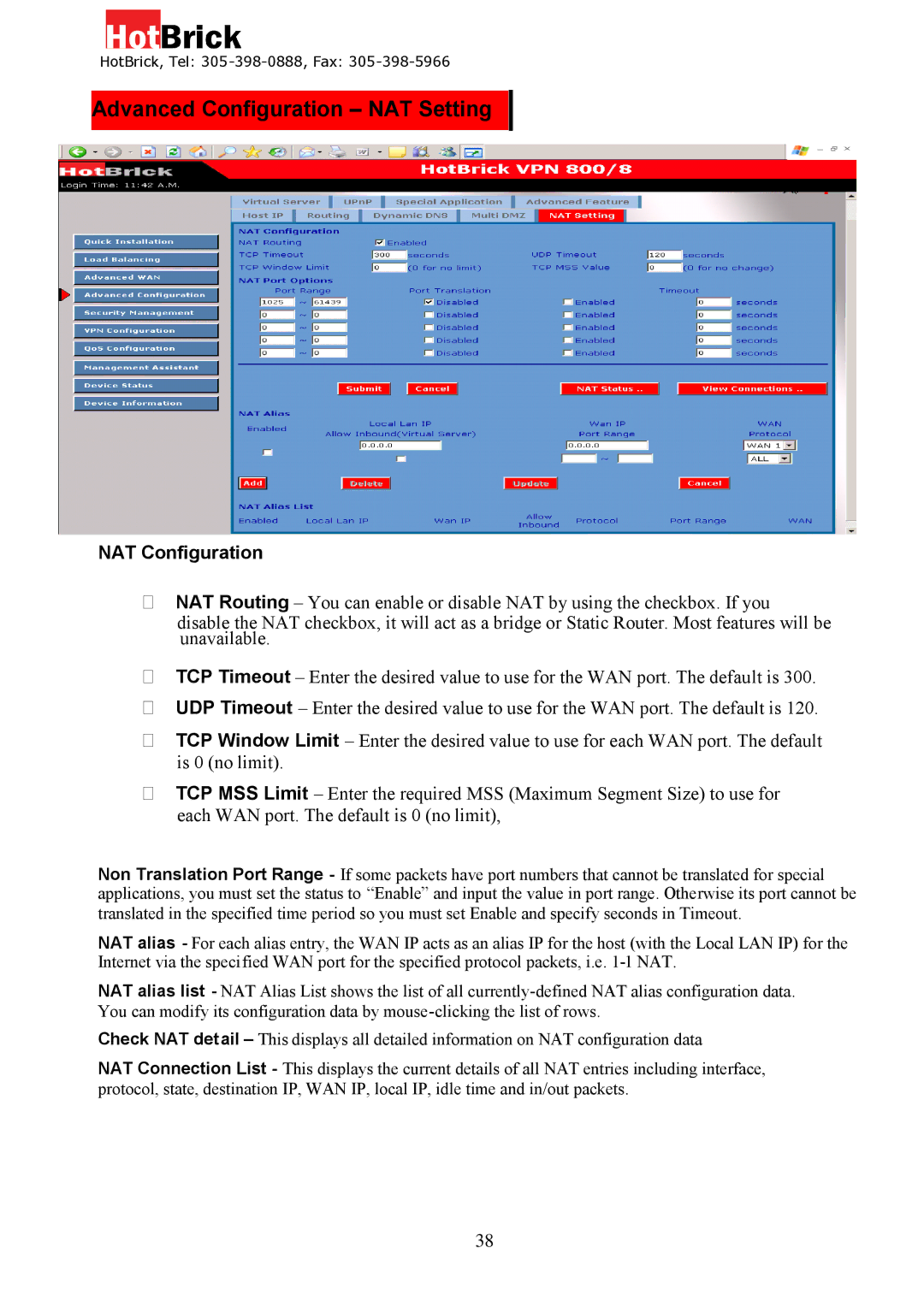 HotBrick VPN 800/8 F manual Advanced Configuration NAT Setting, NAT Configuration 