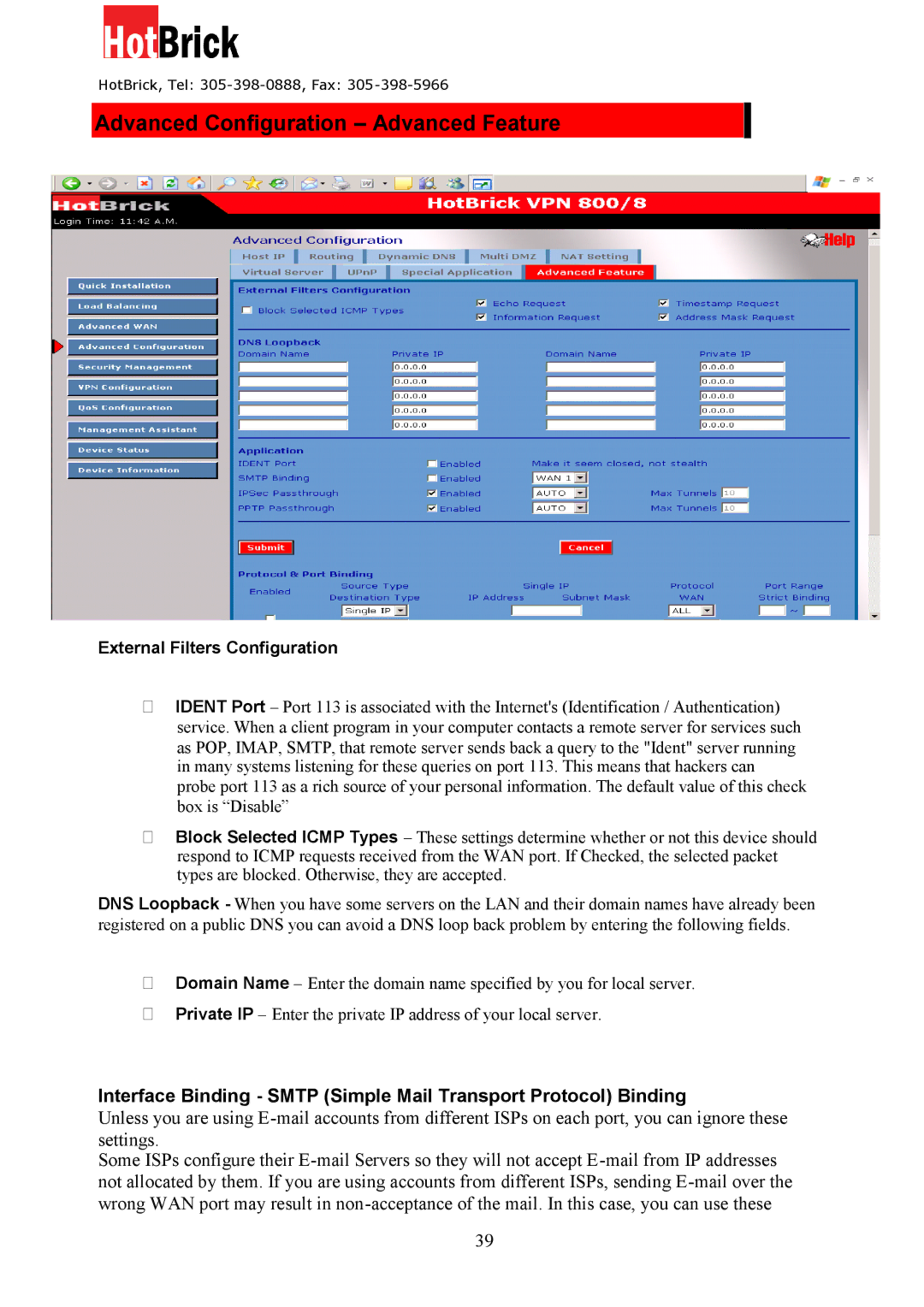 HotBrick VPN 800/8 F manual Advanced Configuration Advanced Feature, External Filters Configuration 