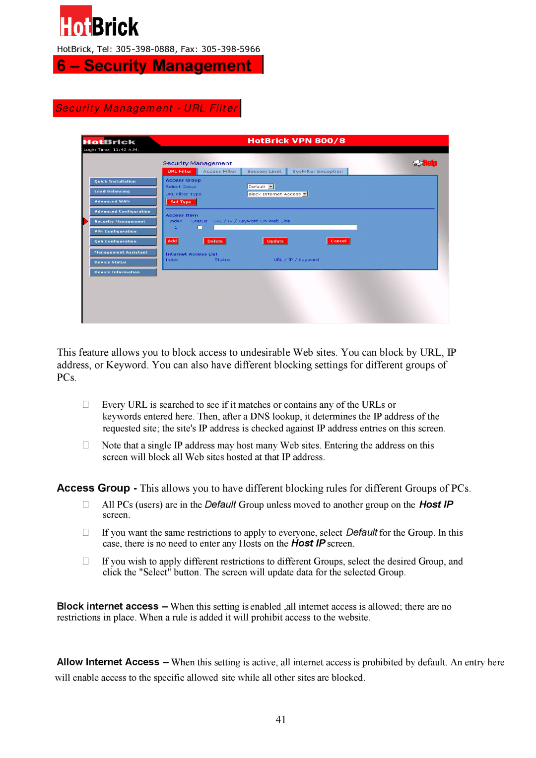 HotBrick VPN 800/8 F manual Security Management 