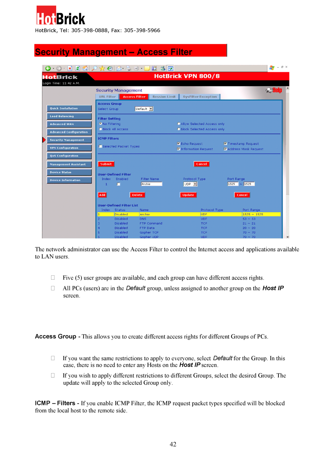 HotBrick VPN 800/8 F manual Security Management Access Filter 