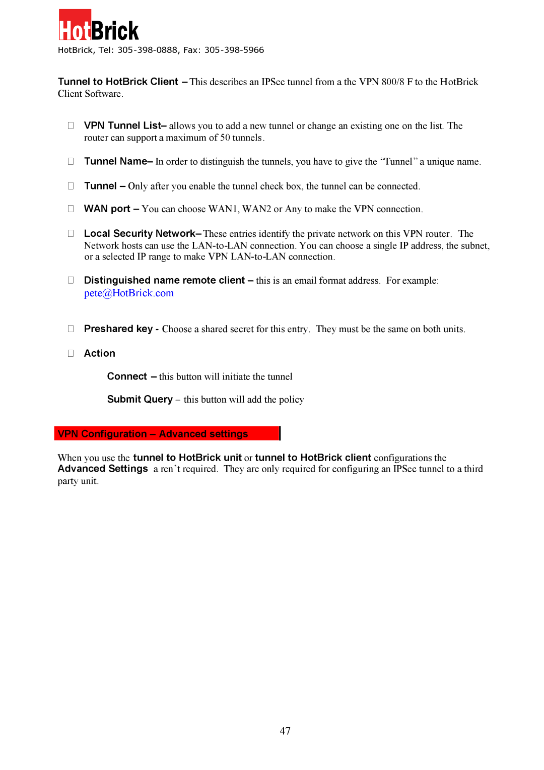 HotBrick VPN 800/8 F manual VPN Configuration Advanced settings 