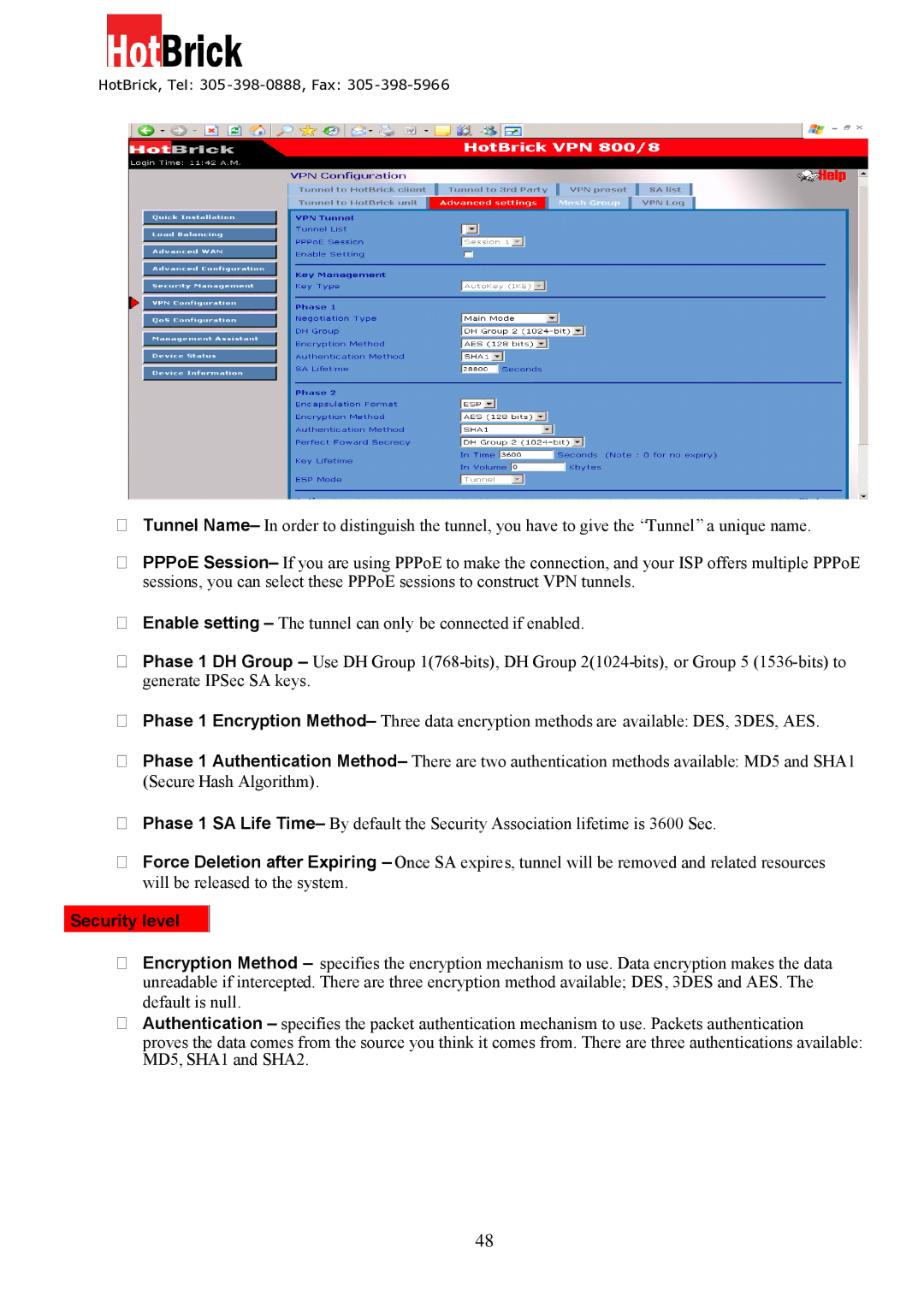 HotBrick VPN 800/8 F manual Security level 