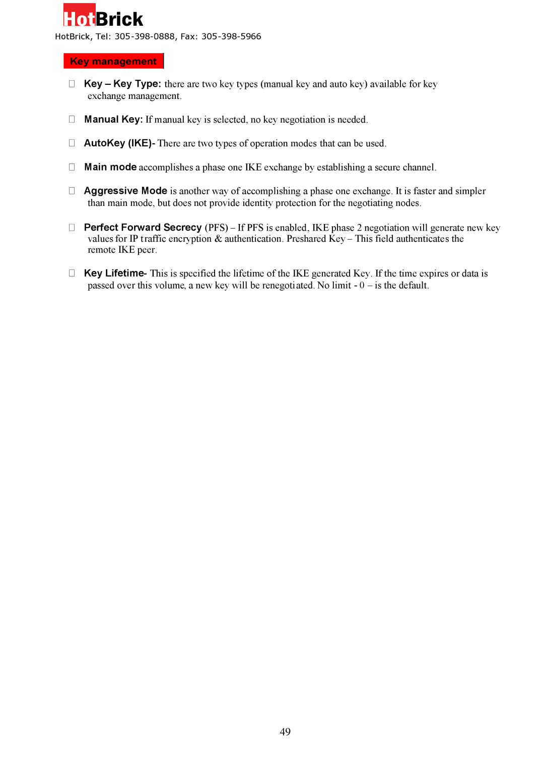 HotBrick VPN 800/8 F manual Key management 