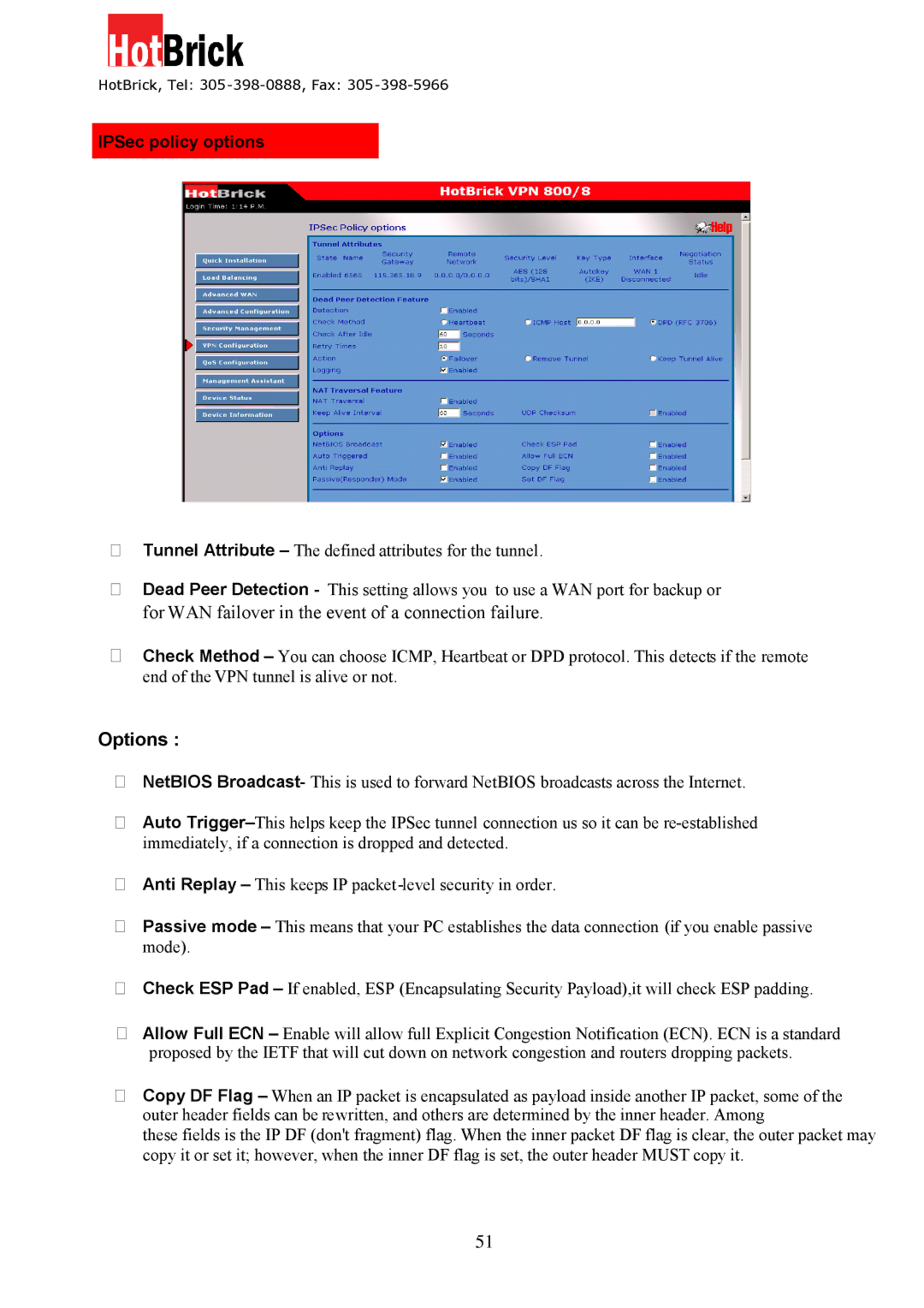 HotBrick VPN 800/8 F manual Options, IPSec policy options 