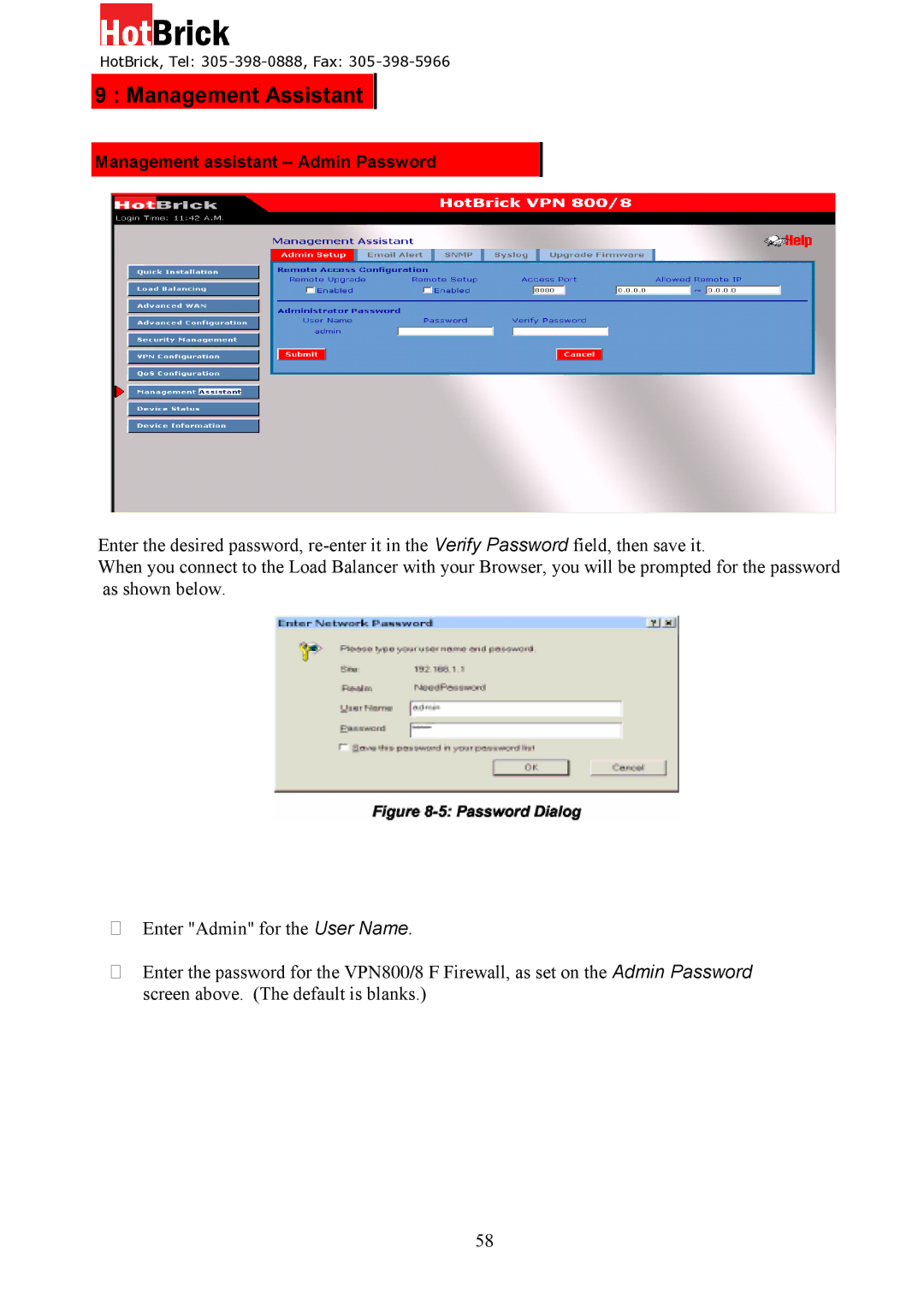 HotBrick VPN 800/8 F manual Management Assistant, Management assistant Admin Password 