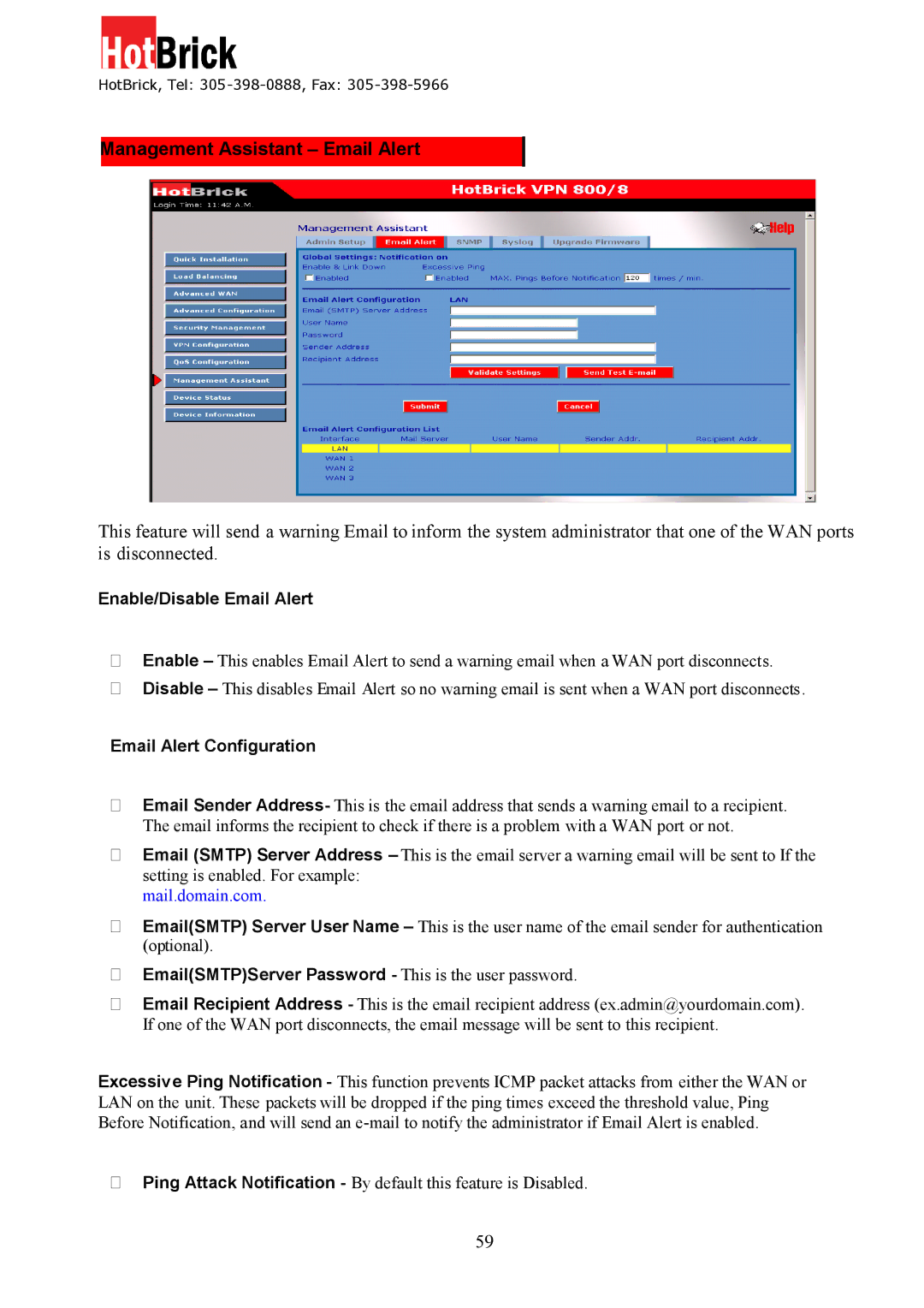 HotBrick VPN 800/8 F manual Management Assistant Email Alert, Enable/Disable Email Alert, Email Alert Configuration 