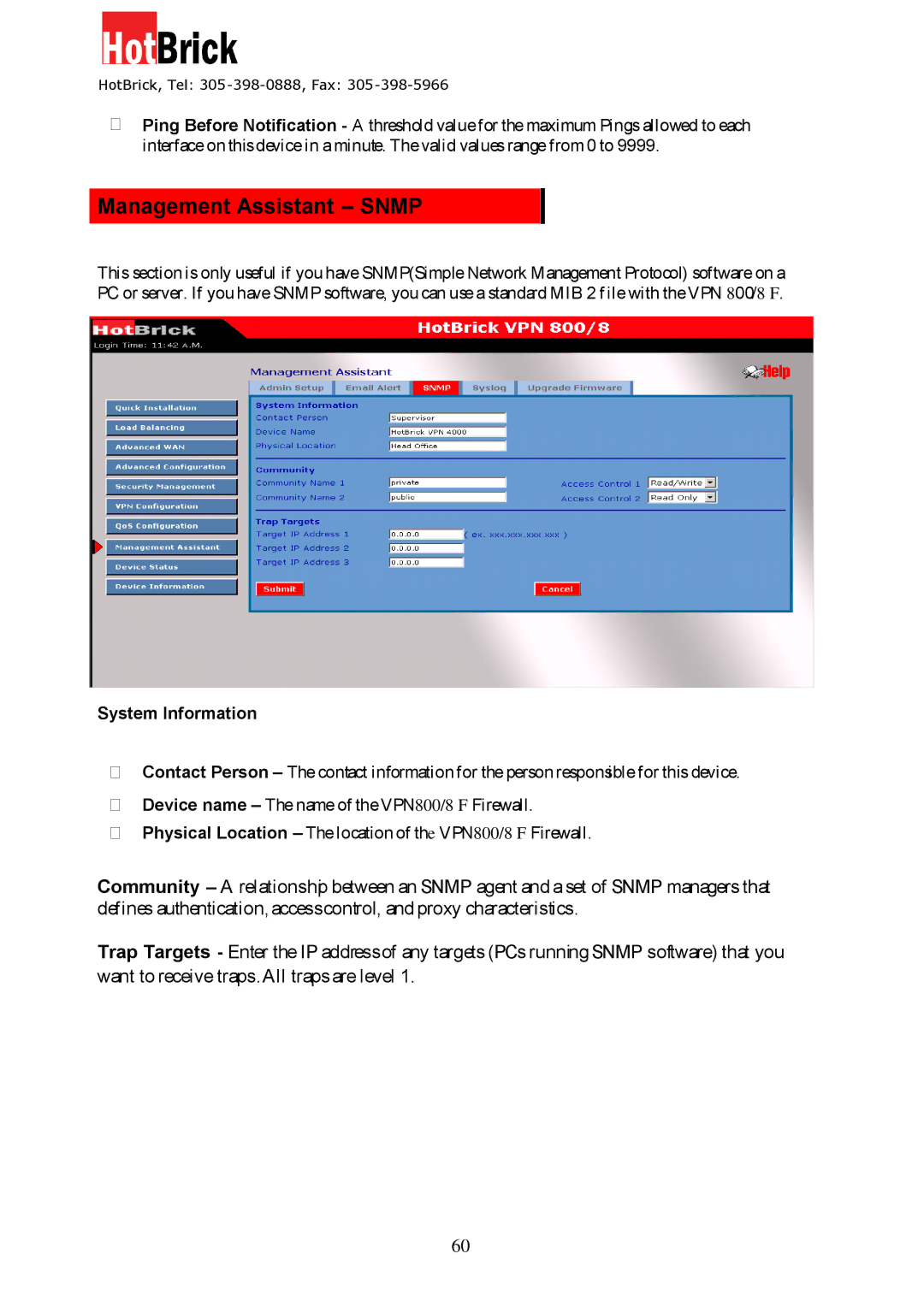 HotBrick VPN 800/8 F manual Management Assistant Snmp, System Information 