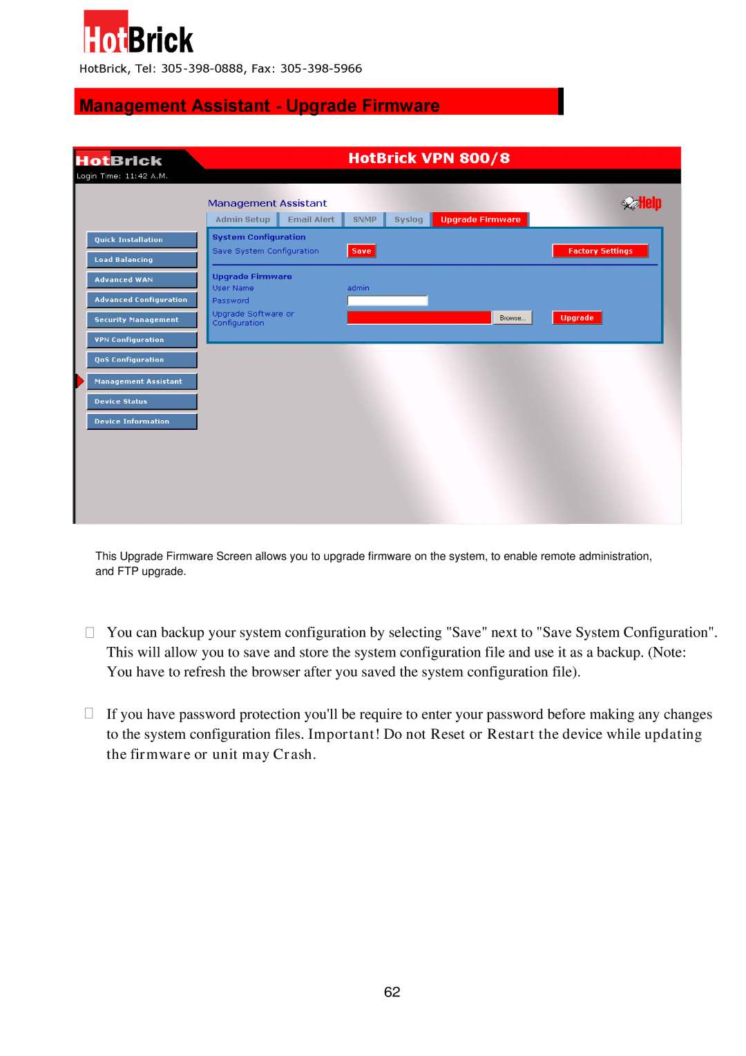 HotBrick VPN 800/8 F manual Management Assistant Upgrade Firmware 