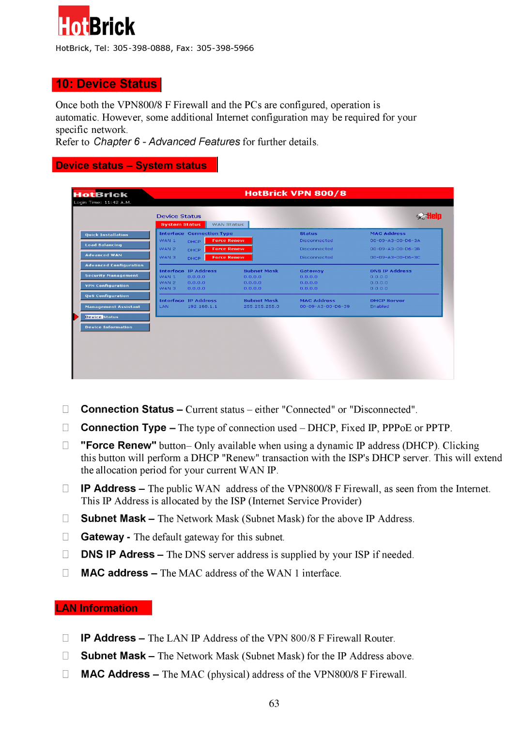 HotBrick VPN 800/8 F manual Device Status, Device status System status, LAN Information 