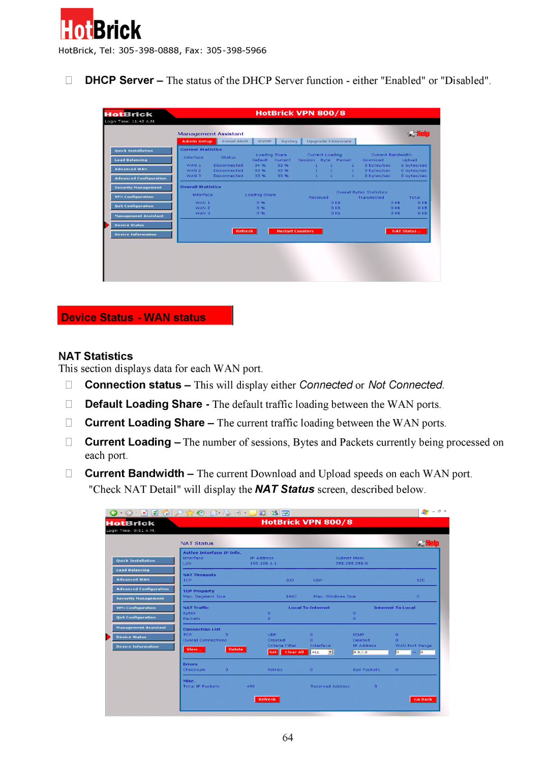 HotBrick VPN 800/8 F manual Device Status WAN status NAT Statistics 