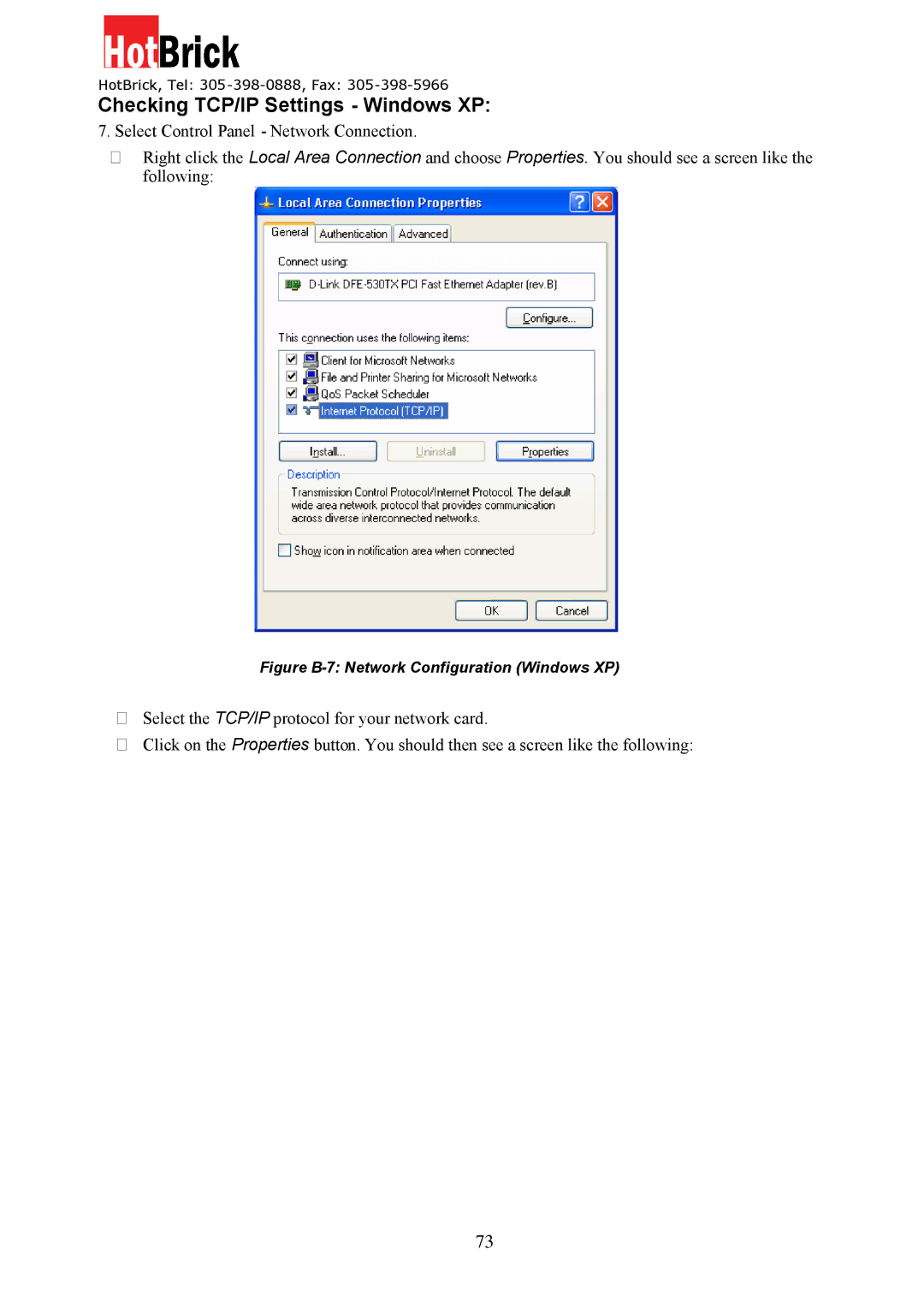 HotBrick VPN 800/8 F manual Checking TCP/IP Settings Windows XP 