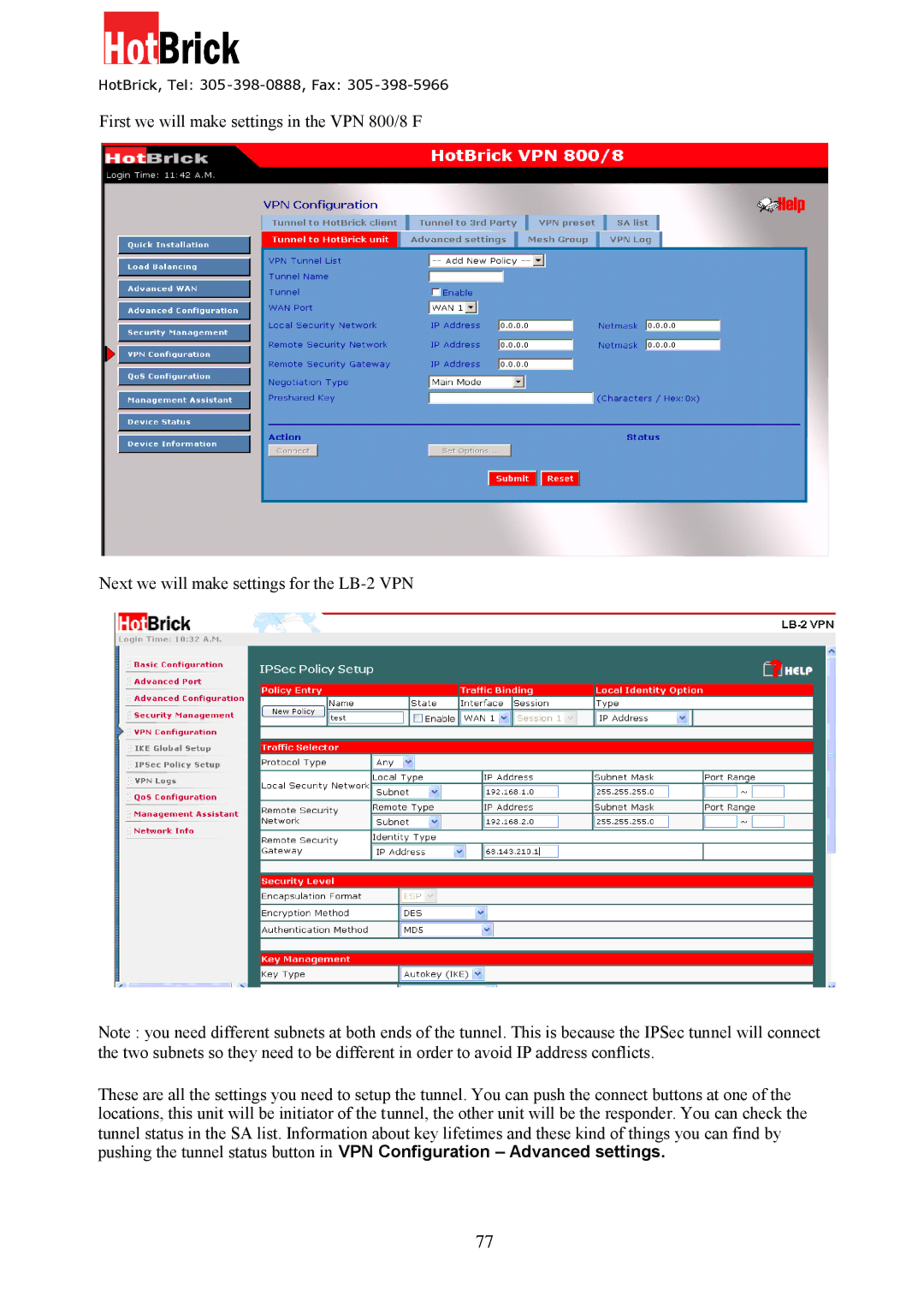 HotBrick VPN 800/8 F manual HotBrick, Tel 305 -398-0888, Fax 