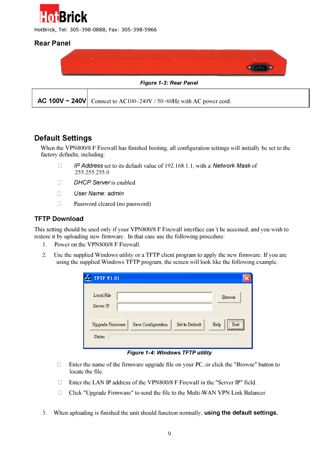 HotBrick VPN 800/8 F manual Default Settings, Tftp Download 