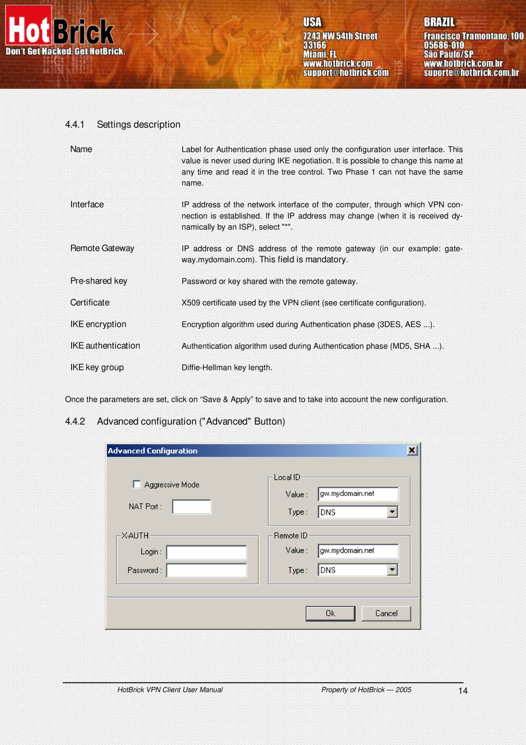 HotBrick VPN Client user manual Settings description, Advanced configuration Advanced Button 