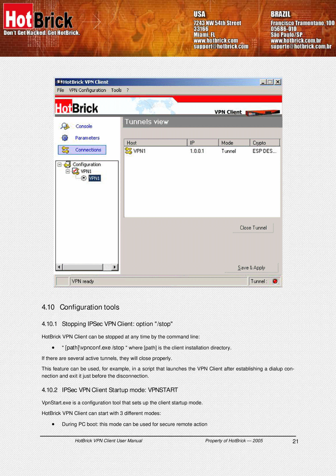 HotBrick user manual Configuration tools, Stopping IPSec VPN Client option /stop, IPSec VPN Client Startup mode Vpnstart 