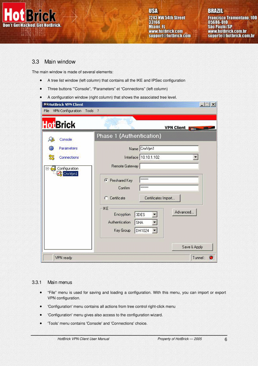 HotBrick VPN Client user manual Main window, Main menus 