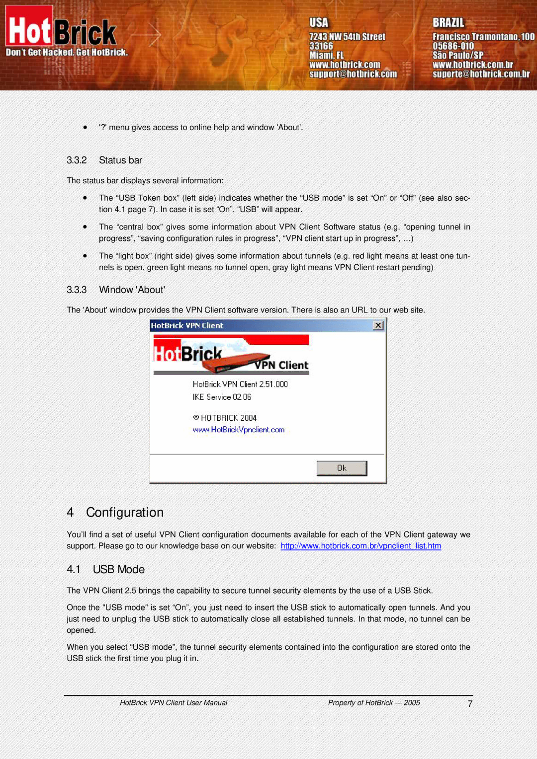 HotBrick VPN Client user manual Configuration, USB Mode, Status bar, Window About 