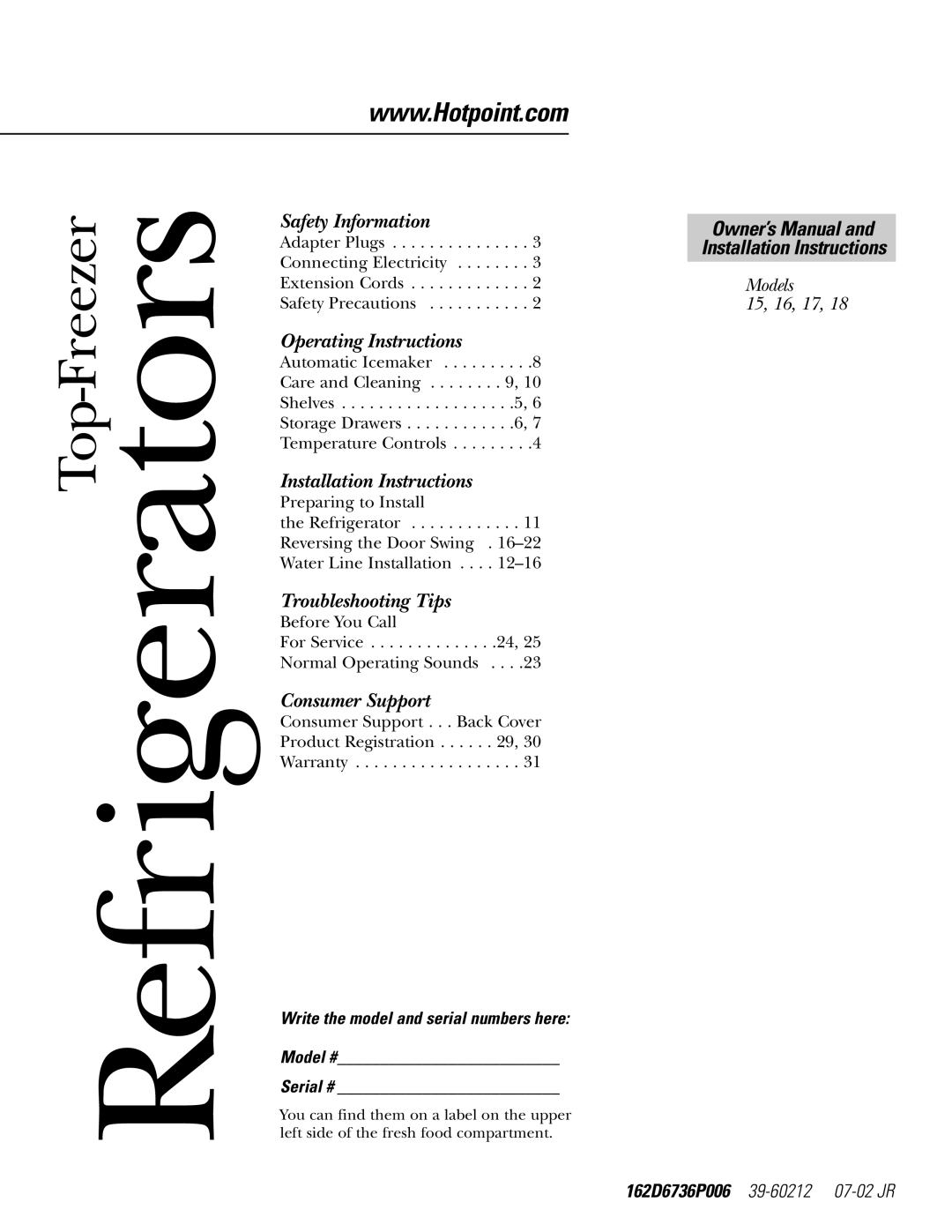 Hotpoint 18, 15, 17, 16 installation instructions Refrigerators 