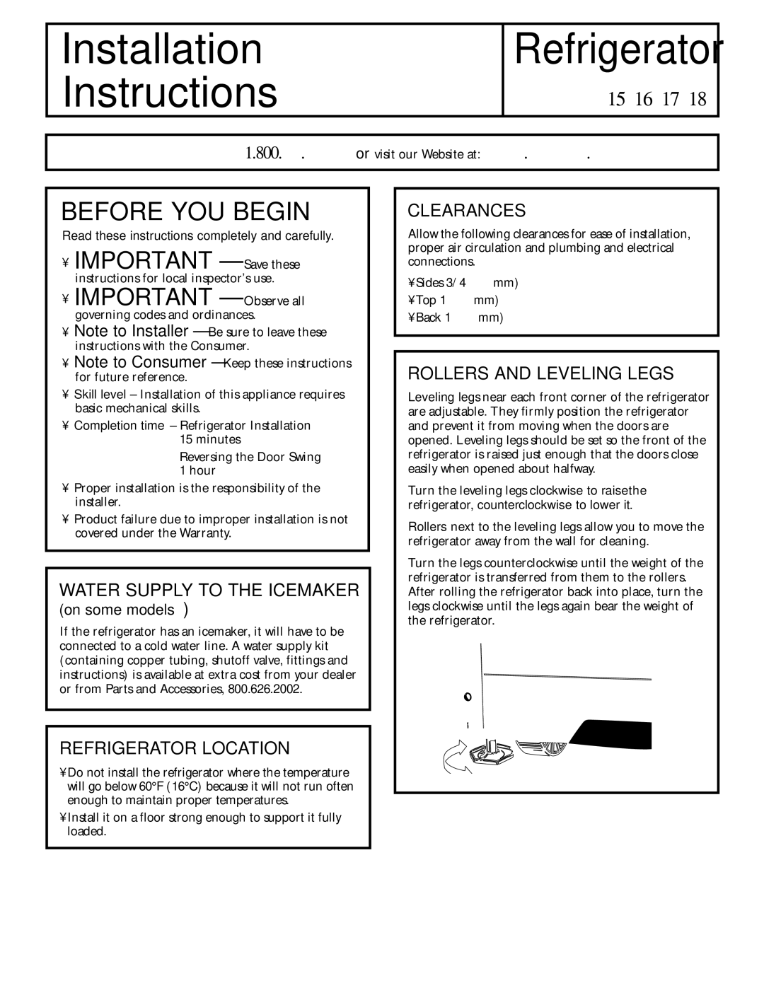 Hotpoint 16, 15 Refrigerator Location, Clearances, Rollers and Leveling Legs, Water Supply to the Icemaker on some models 