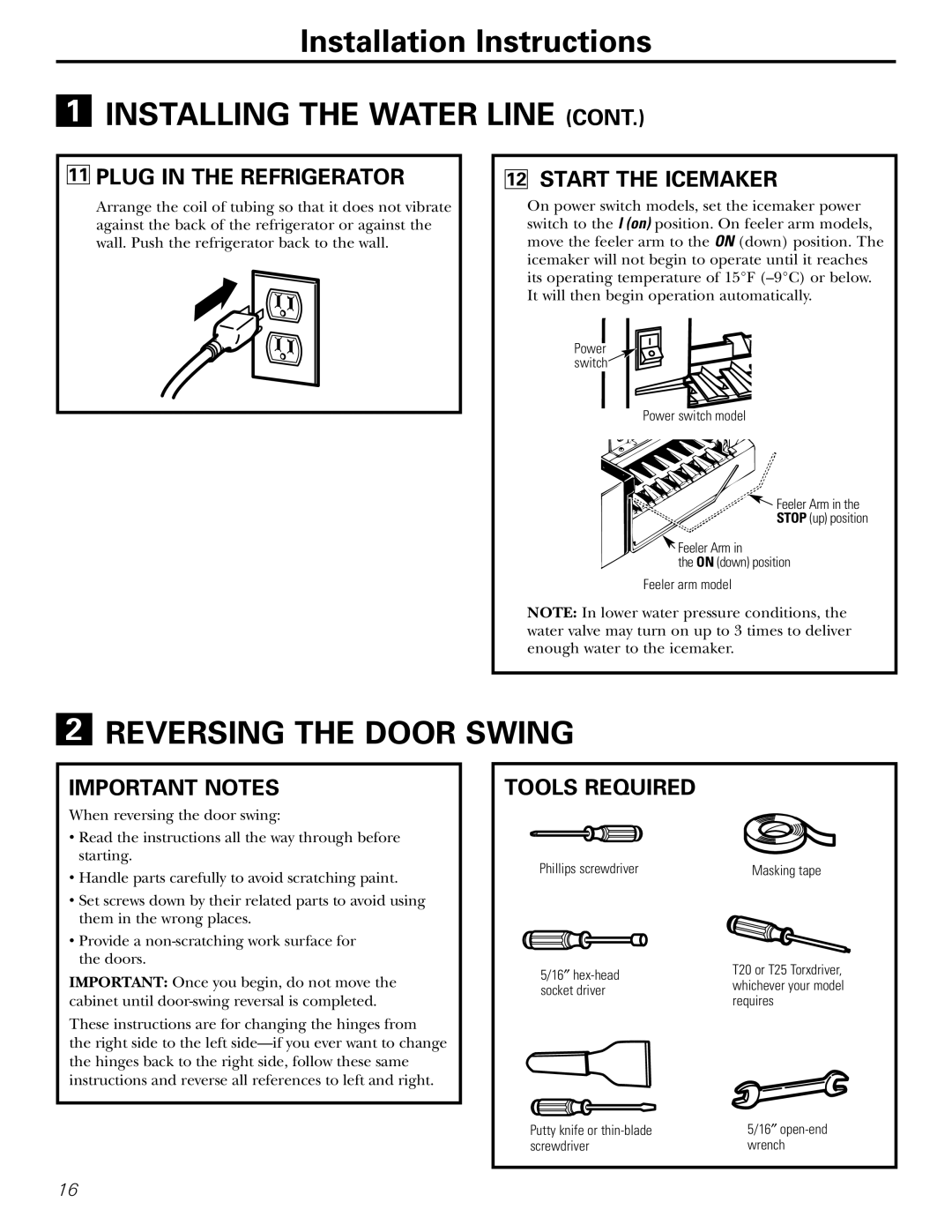 Hotpoint 15, 18, 17, 16 Plug in the Refrigerator, Start the Icemaker, Important Notes, Tools Required 