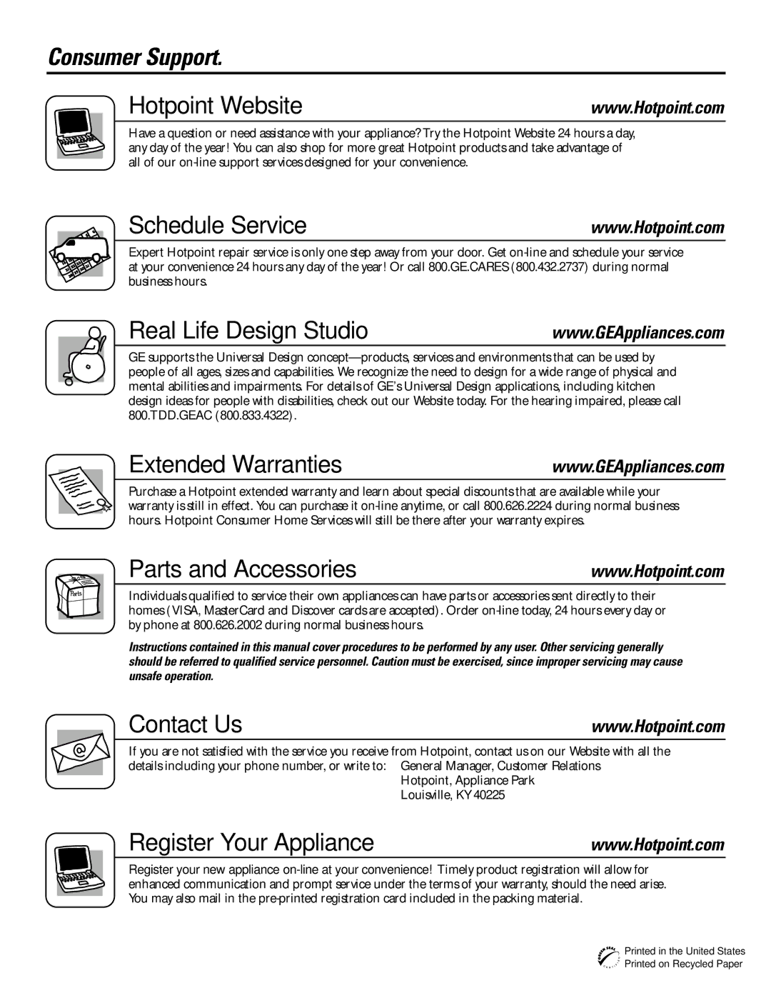 Hotpoint 15 Consumer Support Hotpoint Website, Schedule Service, Real Life Design Studio, Extended Warranties, Contact Us 