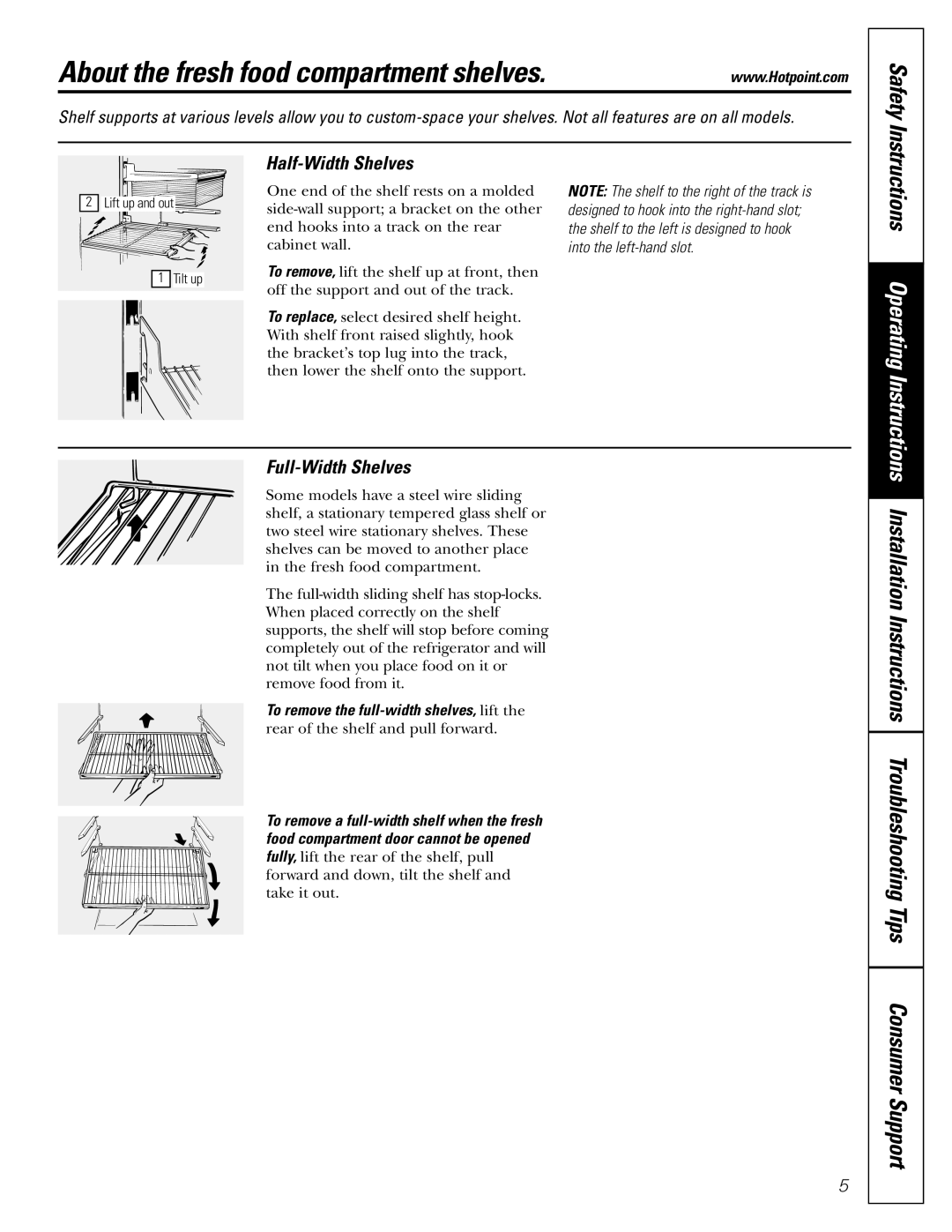 Hotpoint 18, 15, 17, 16 About the fresh food compartment shelves, Half-Width Shelves, Full-Width Shelves 