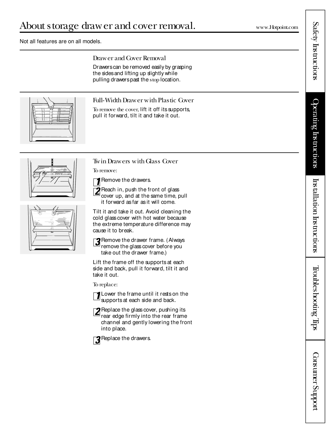 Hotpoint 16, 15, 18 About storage drawer and cover removal, Drawer and Cover Removal, Full-Width Drawer with Plastic Cover 