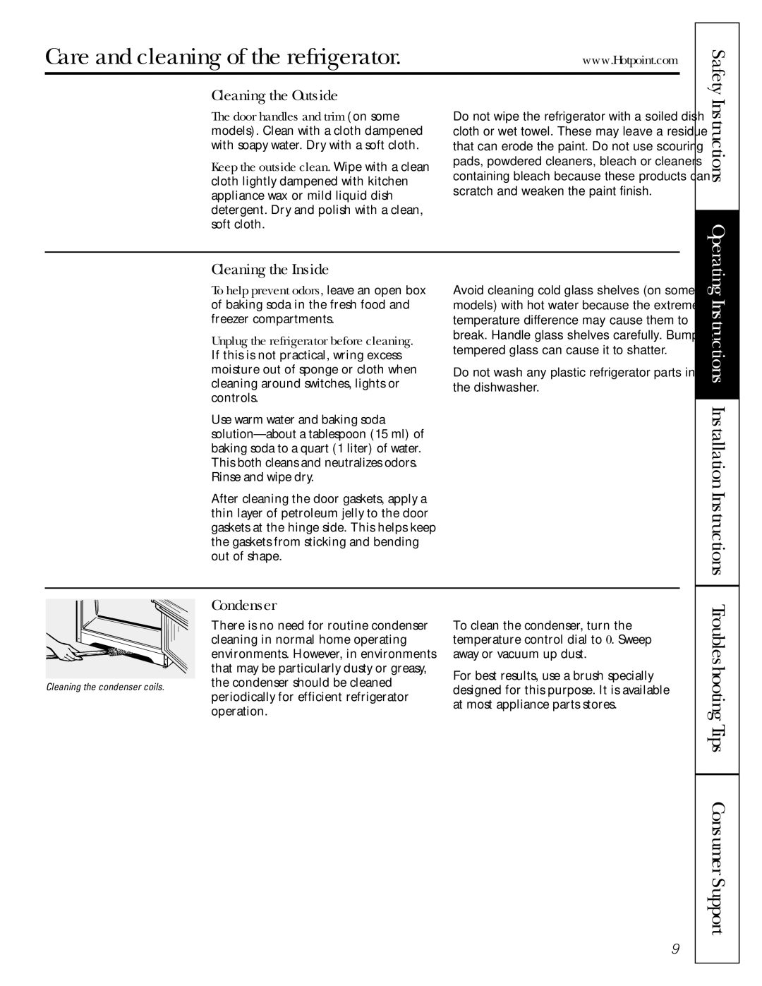 Hotpoint 18, 15, 17, 16 Care and cleaning of the refrigerator, Cleaning the Outside, Cleaning the Inside, Condenser 