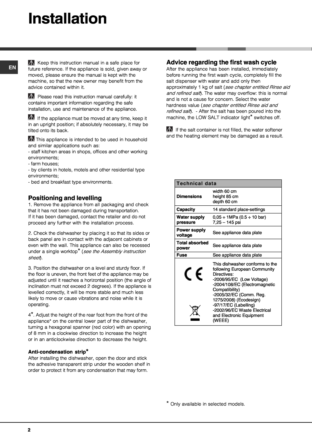 Hotpoint 1509)50-4 manual Installation, Positioning and levelling, Advice regarding the first wash cycle, Technical data 