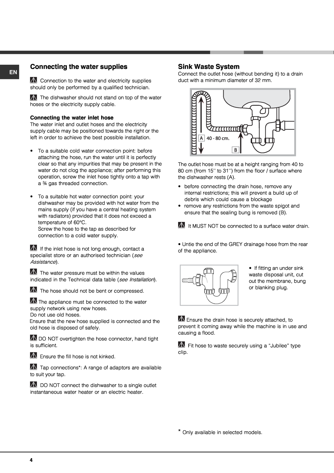 Hotpoint 1509)50-4 manual Connecting the water supplies, Sink Waste System, Connecting the water inlet hose 