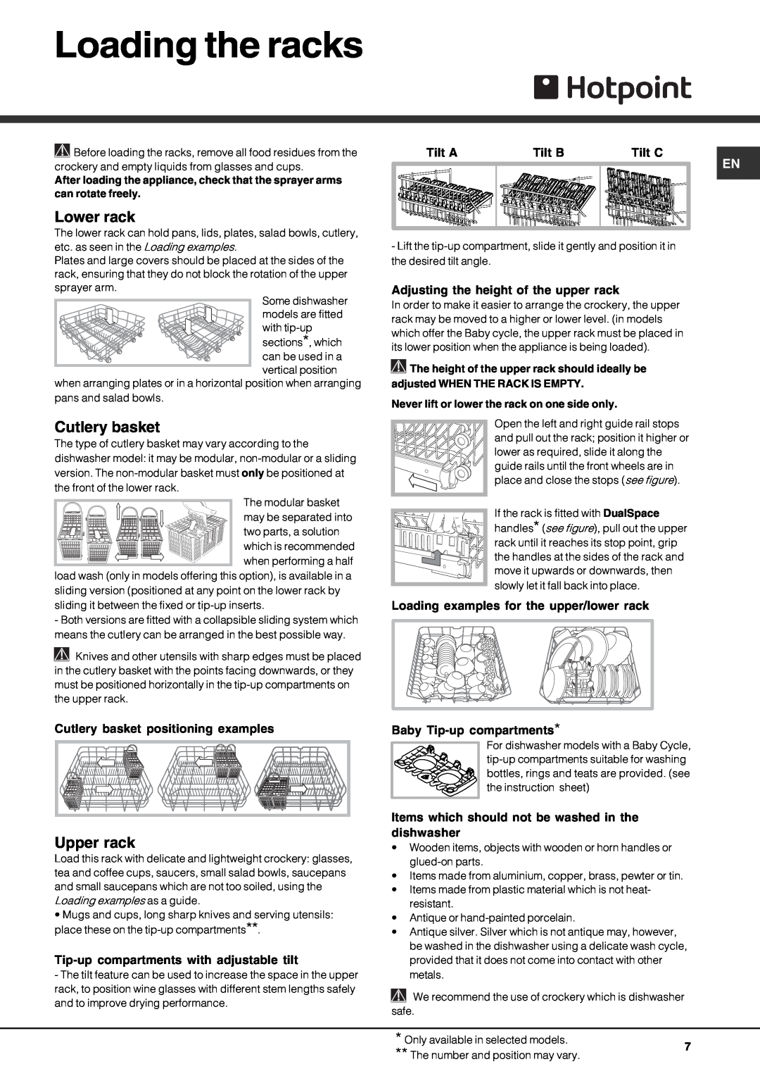 Hotpoint 1509)50-4 manual Loading the racks, Lower rack, Cutlery basket, Upper rack 